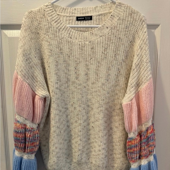 SHEIN Sweaters - SHEIN Cream Sweater with Pink and Blue Accents
